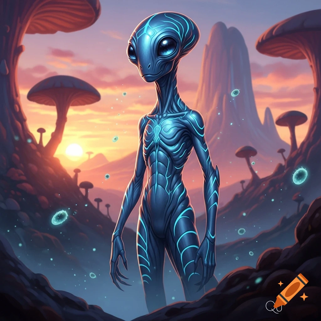 A tall, slender blue alien with glowing patterns stands in a fantastical alien landscape with giant mushrooms and a sunset.