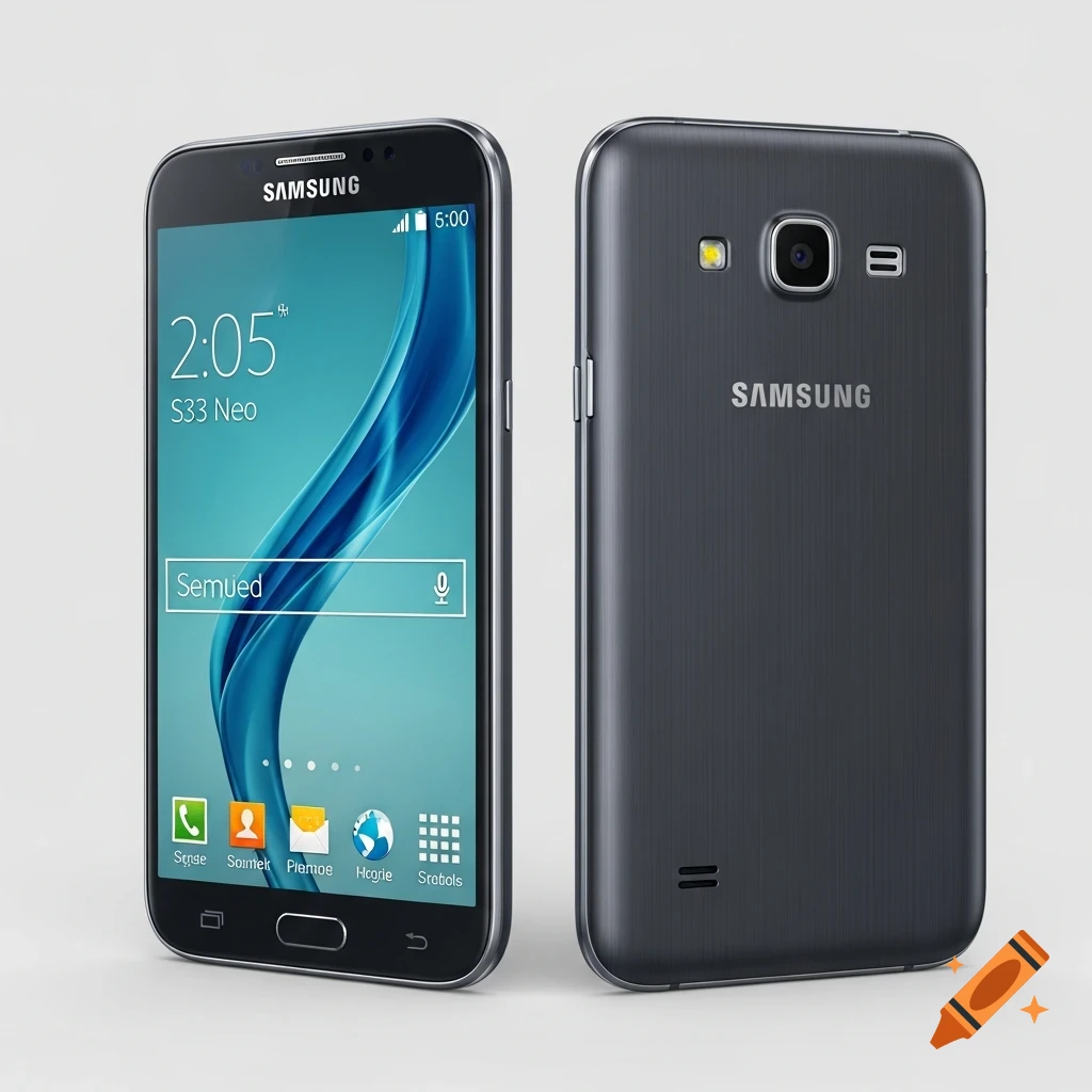 Front and back view of a dark gray Samsung smartphone with a black screen showing a blue wallpaper and various app icons.