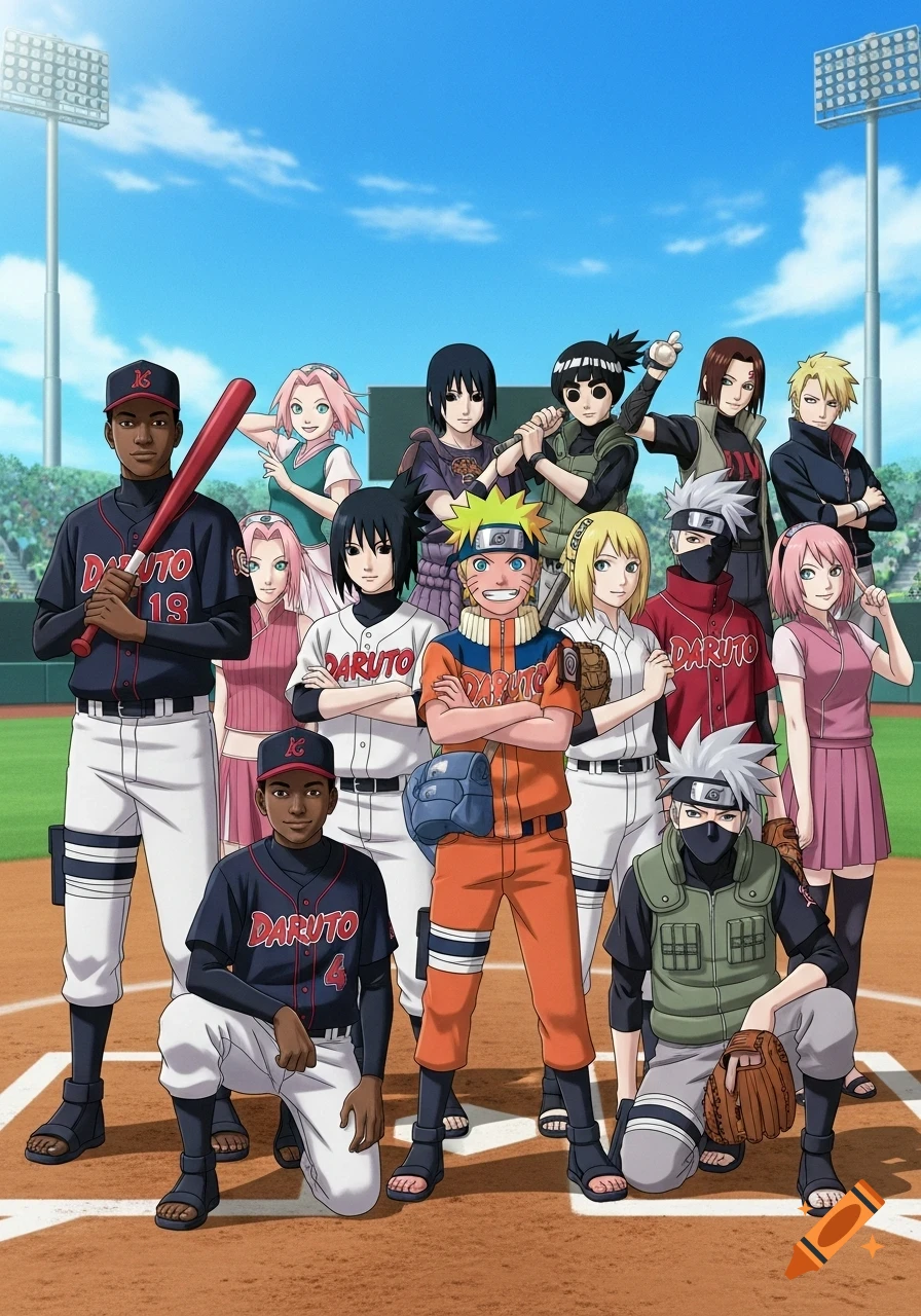 Anime characters and two boys in baseball uniforms pose on a baseball field under a blue sky, wearing 'DARUTO' jerseys.