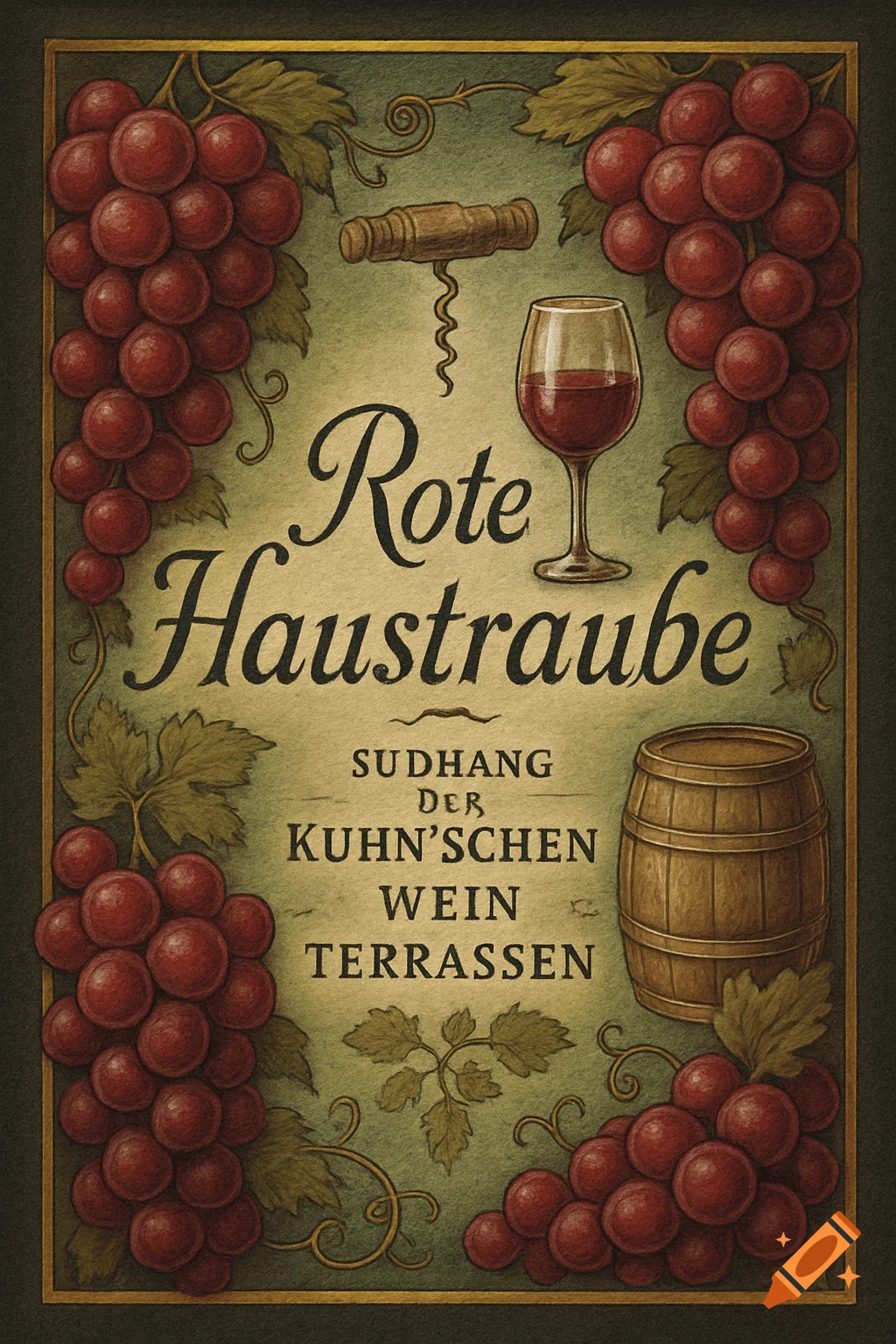Vintage wine label with red grapes, corkscrew, wine glass, and barrel on a green background with gold border.