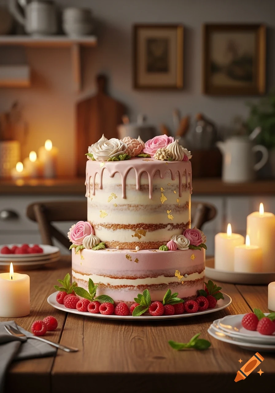 Two-tier naked cake with pink drip icing, frosting flowers, gold flakes, raspberries, and mint, on a wooden table with candles.
