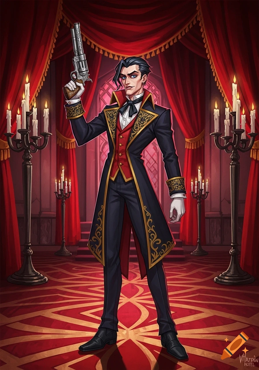 Animated man in an ornate black and red coat holding a revolver, in a lavish, candlelit red room, in Hazbin Hotel style.