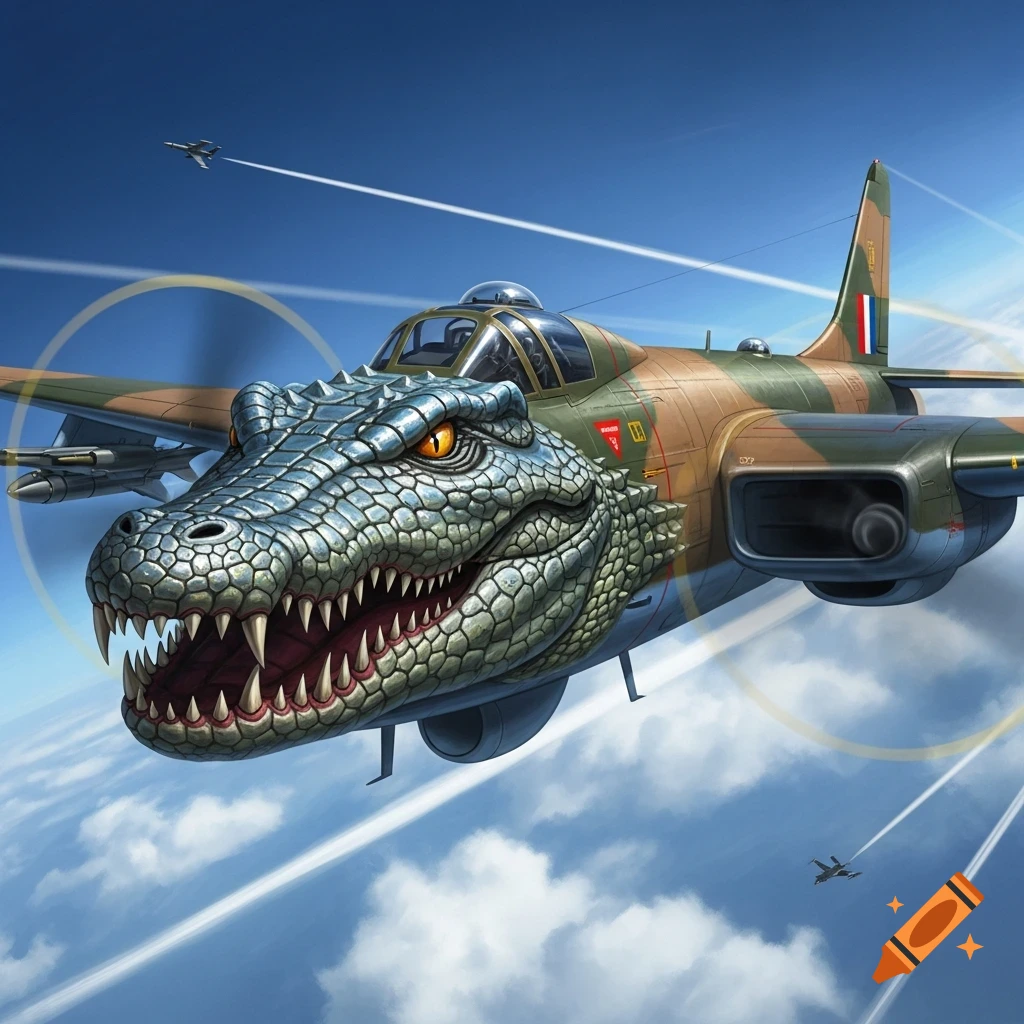 A stylized bomb plane with a fierce crocodile head as its nose, flying through a blue sky with clouds and other distant planes.