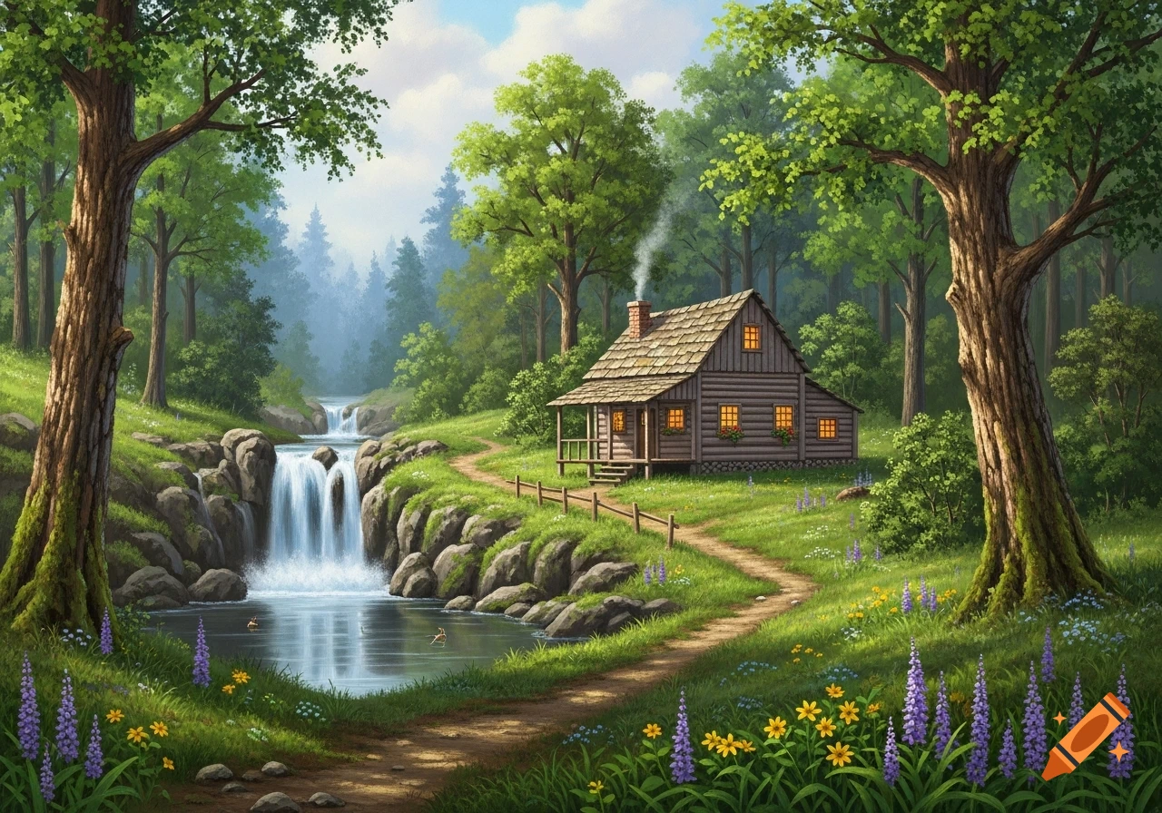 A rustic log cabin with glowing windows sits in a lush green forest, beside a cascading waterfall and tranquil pond with a winding path.