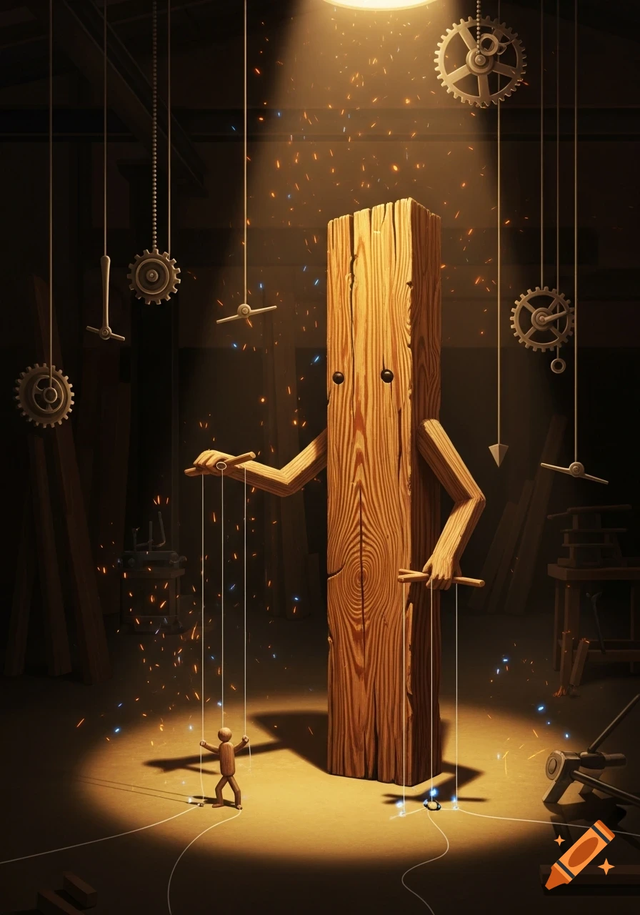 A large wooden block figure with arms and simple eyes manipulates a smaller wooden puppet with strings in a dimly lit, spark-filled workshop.
