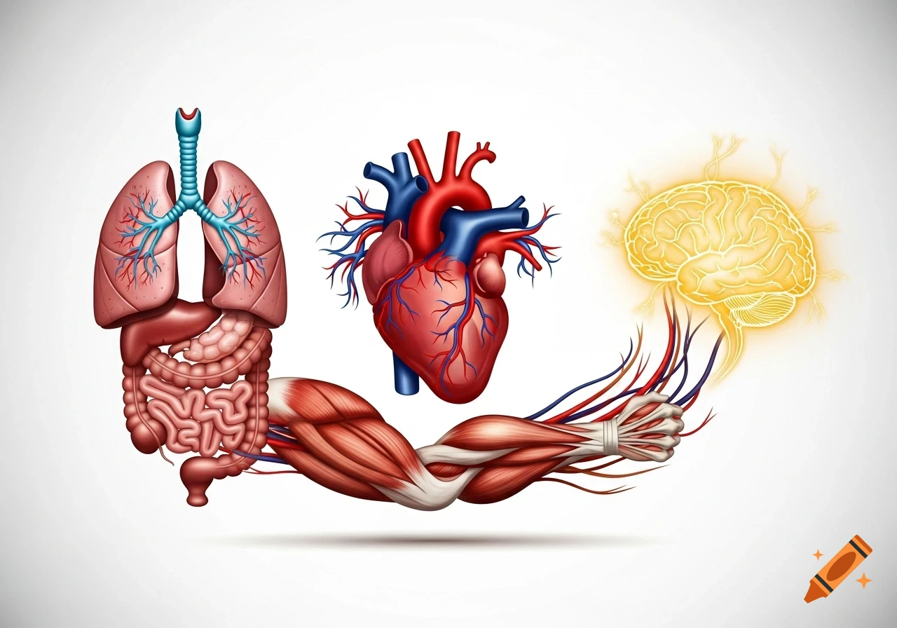 Stylized illustration of human organs: lungs, digestive system, heart, muscular arm, and a glowing brain, interconnected.