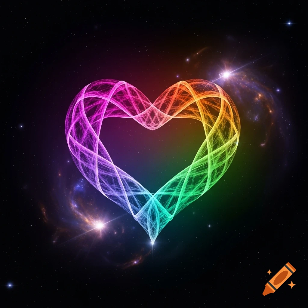 A glowing, intricate heart shape, woven from vibrant pink, purple, orange, and green light trails, set against a dark starry cosmic background with distant nebulae.