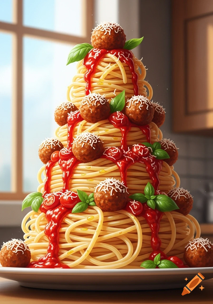 A tall, tiered tower of spaghetti and meatballs, drenched in red sauce, garnished with basil leaves and grated cheese, on a white plate in a kitchen.