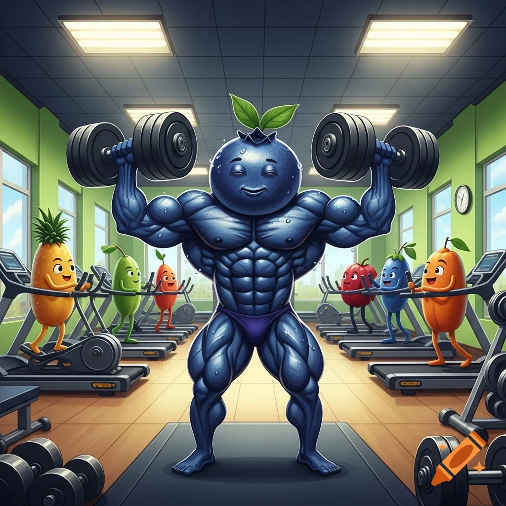 A buff blueberry cartoon character lifts dumbbells in a gym, while other cartoon fruits exercise on treadmills.