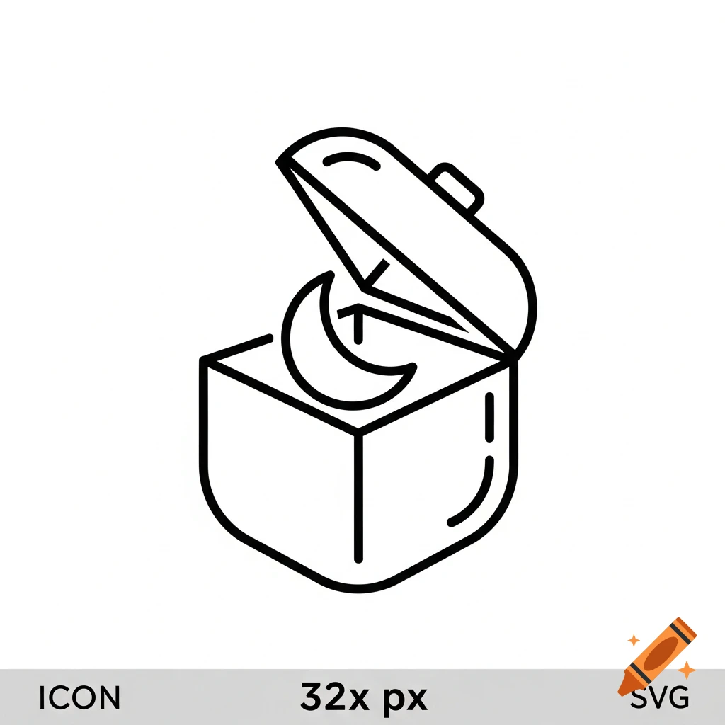 A minimal flat line icon depicting a rounded, half-open box with a crescent moon inside, on a white background, with text "ICON 32x px SVG" at the bottom.