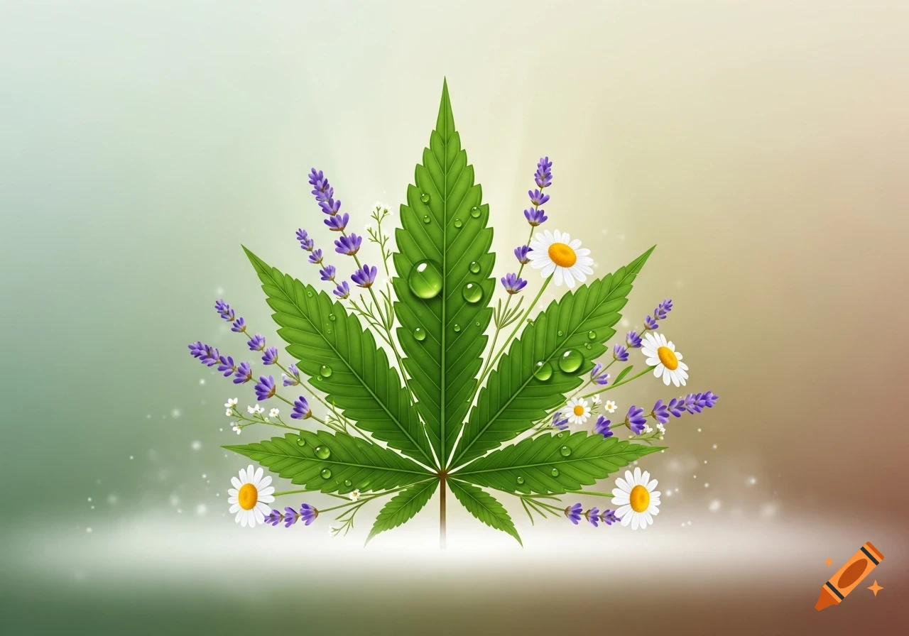 A stylized green cannabis leaf with water droplets, surrounded by purple lavender sprigs and white chamomile flowers on a soft gradient background.