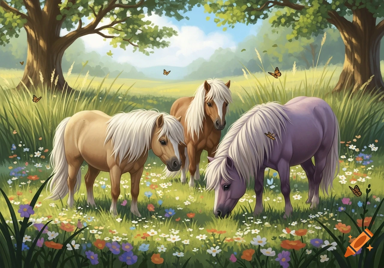 Three cute ponies with long white manes graze in a vibrant flowery meadow under green trees and a blue sky, in an illustrative style.