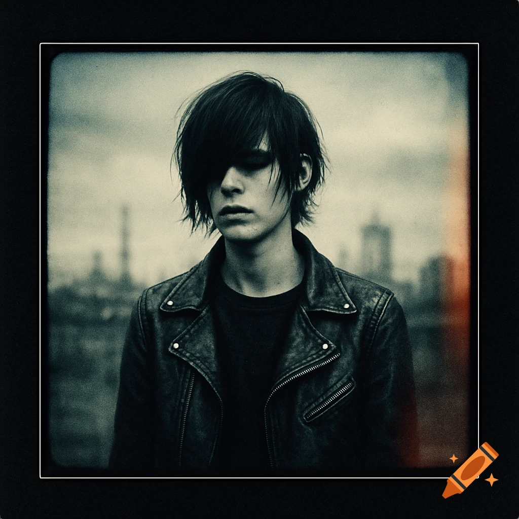 A moody person with dark, emo-style hair obscuring their eyes wears a leather jacket, depicted in a desaturated, vintage-style photo with a blurry urban background.