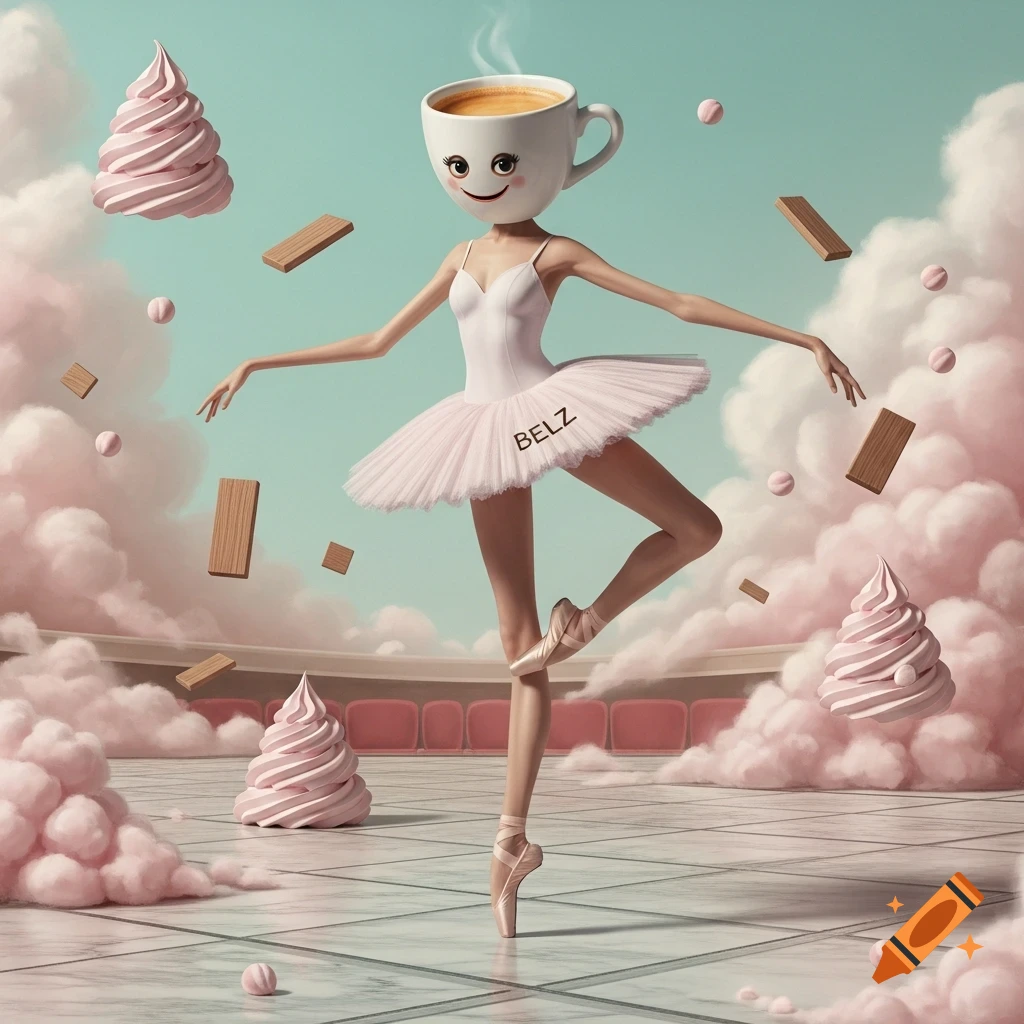 A surreal ballerina with a coffee cup for a head, wearing a white tutu, dancing amidst pink clouds and floating planks on a marble floor.