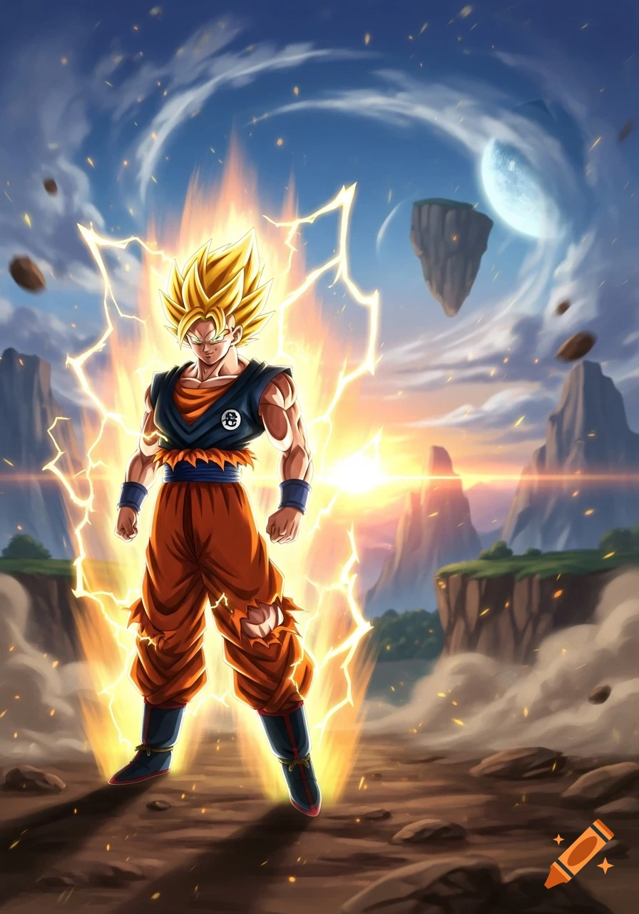 Goku in Super Saiyan form, surrounded by yellow energy, stands on a rocky terrain with floating islands and a moon in the sky. Anime style.
