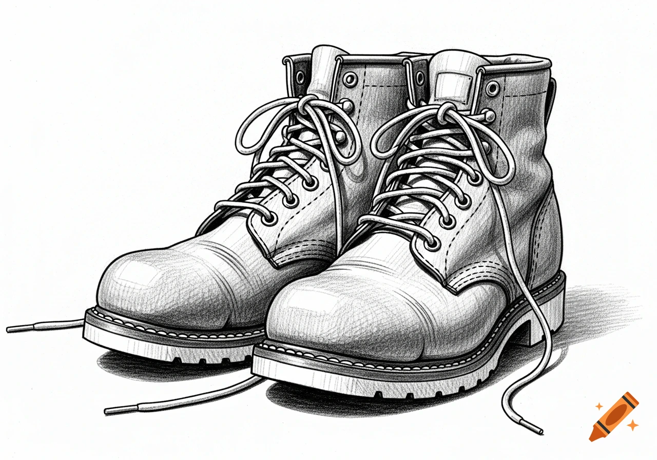 A detailed pencil sketch of a pair of workboots with untied laces on a white background.