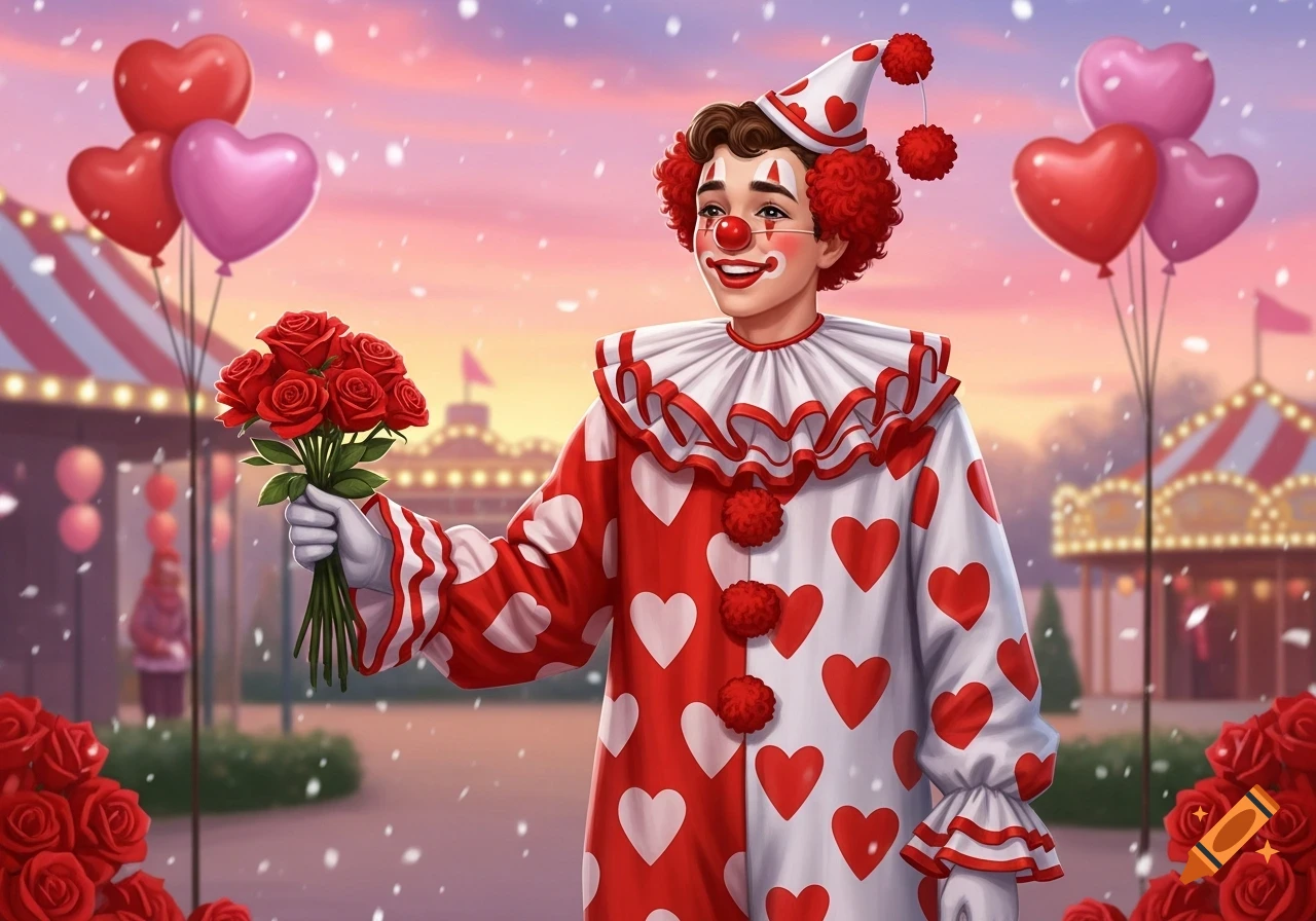 A smiling teenage boy dressed as a clown in a red and white heart-patterned jumpsuit holds a bouquet of red roses at a snowy carnival during sunset, with heart balloons.