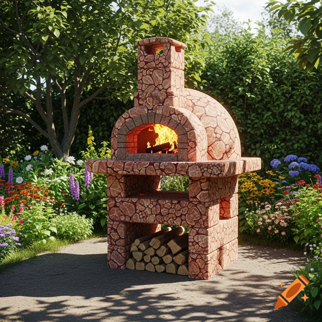 A rustic stone pizza oven with a fire burning inside, located in a ...