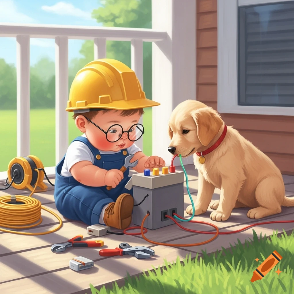 A cartoon baby electrician in a hard hat and overalls works on a device with wires, while a golden retriever puppy chews on a wire on a wooden porch.