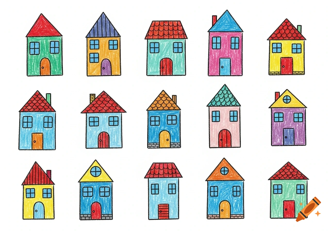 A grid of colorful, crayon-drawn houses with different designs on a white background.
