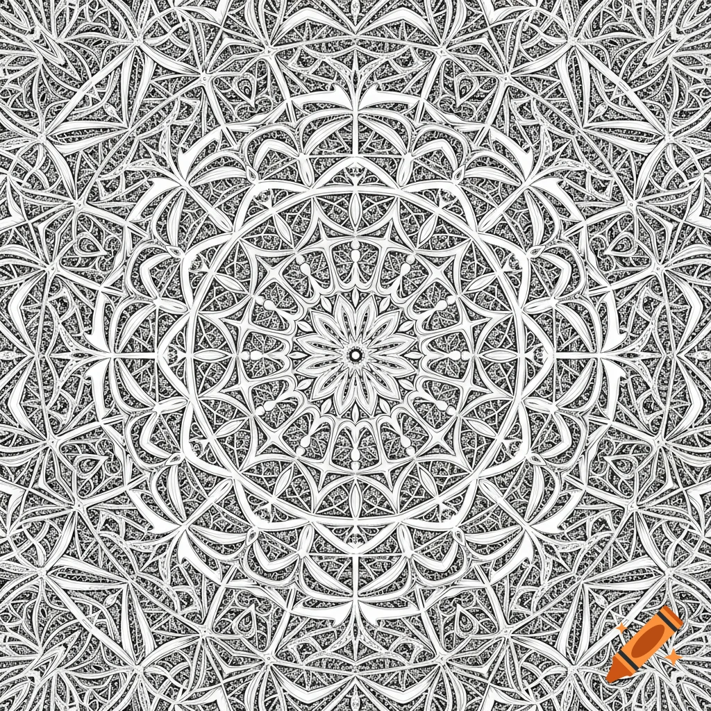 Intricate black and white fractal mandala pattern with a detailed, layered design.