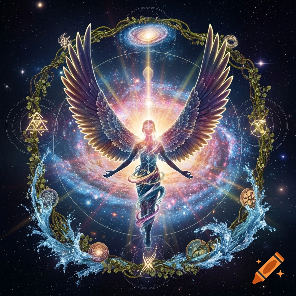 A radiant winged figure with outstretched arms floats in a vibrant galaxy, encircled by a wreath of vines, water, and arcane symbols.