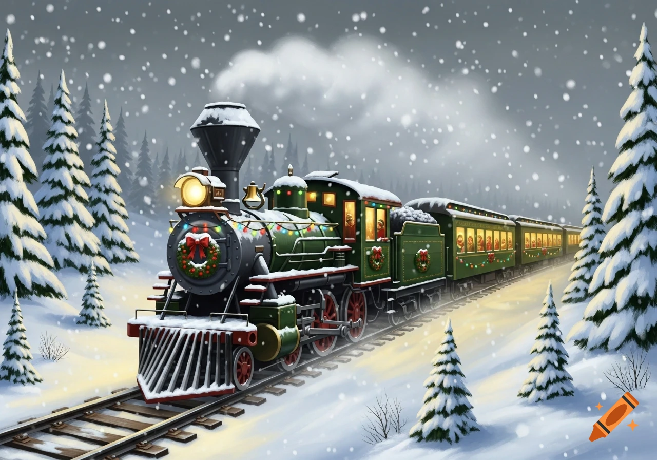 A festive green Christmas train, adorned with lights and wreaths, travels through a snowy winter forest under falling snow.