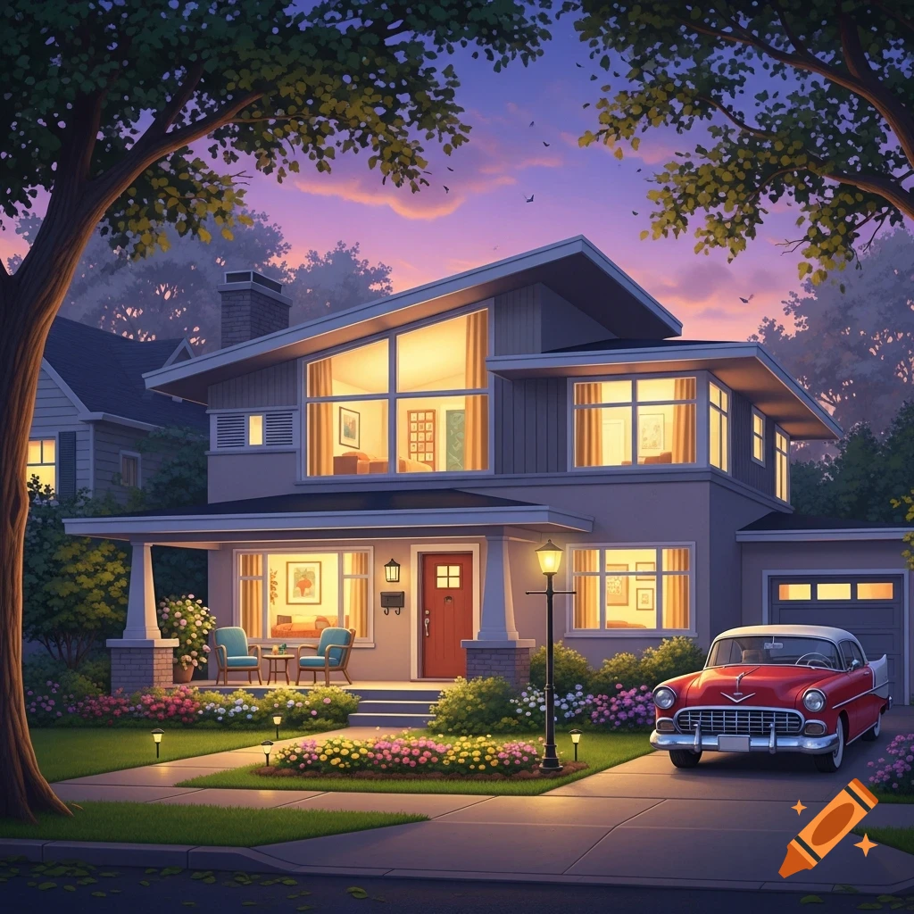 A vibrant illustration of a retro-style house at dusk, with a classic red car parked in the driveway, surrounded by blooming flowers and trees.
