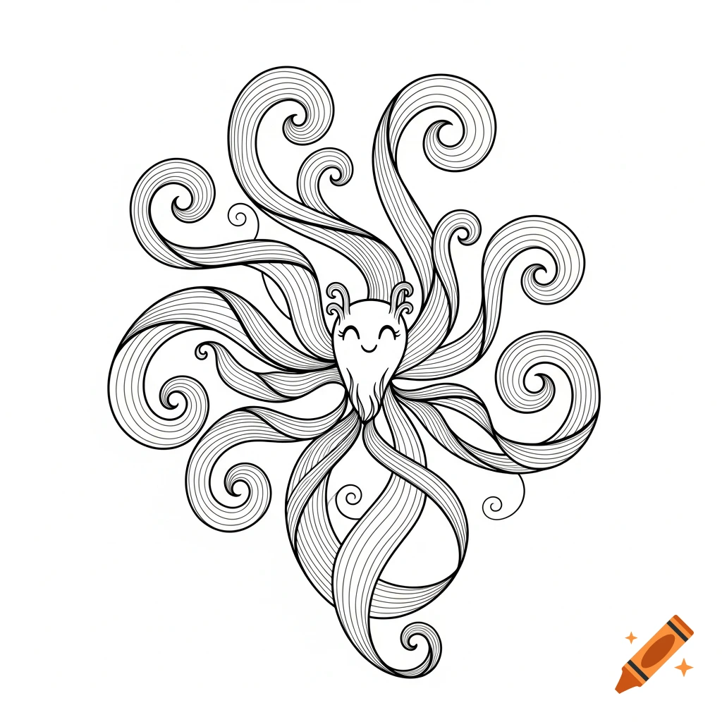 A happy, cute, stylized octopus with swirling, striped tentacles in black and white line art, suitable for coloring.
