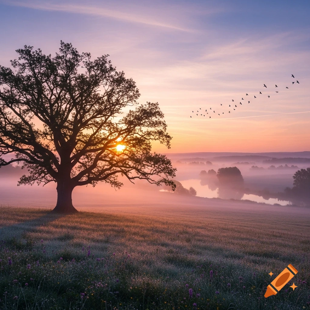 A majestic tree silhouetted against a vibrant pink and purple sunrise over a foggy river valley, with birds flying.