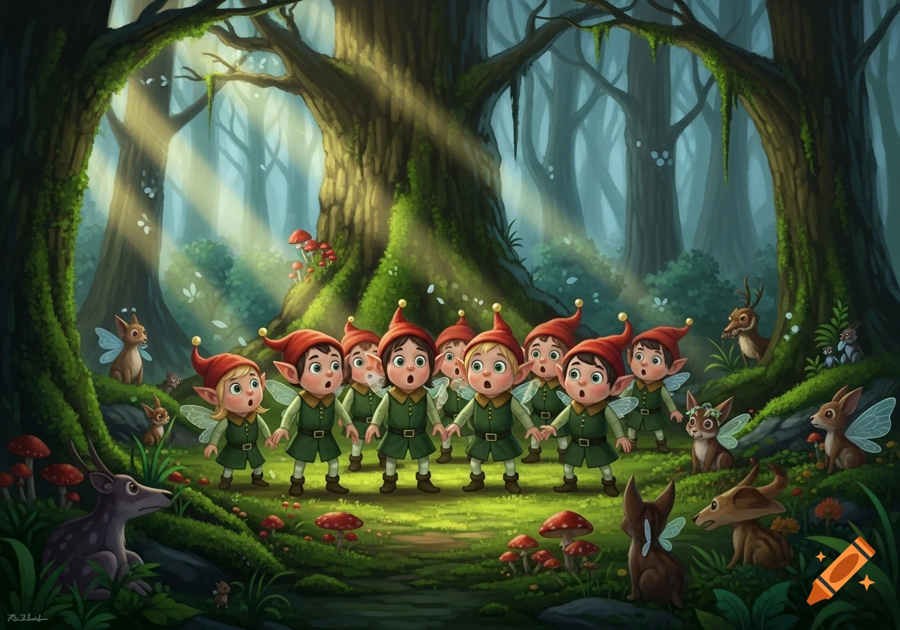 A group of wide-eyed, shocked elves in red hats and green tunics stand in a magical forest clearing with woodland creatures.