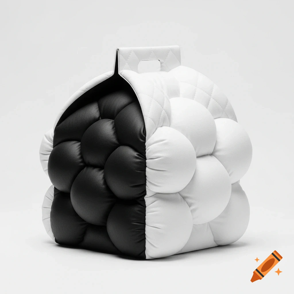A modern black and white handbag or packaging with voluminous, rounded, quilted sections, split down the middle, against a plain white background.