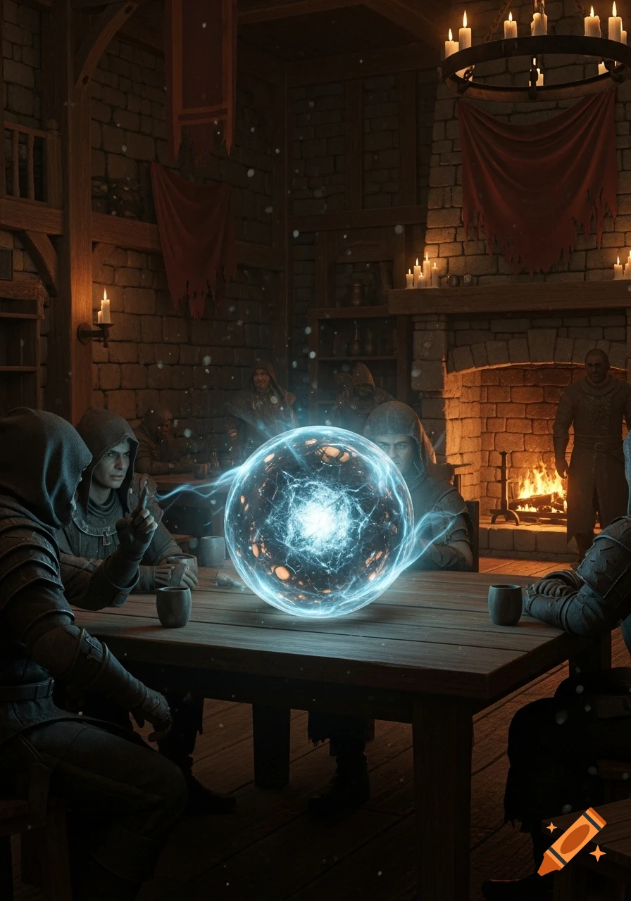Cloaked figures gather around a table with a glowing magical sphere in a rustic, candlelit fantasy tavern.