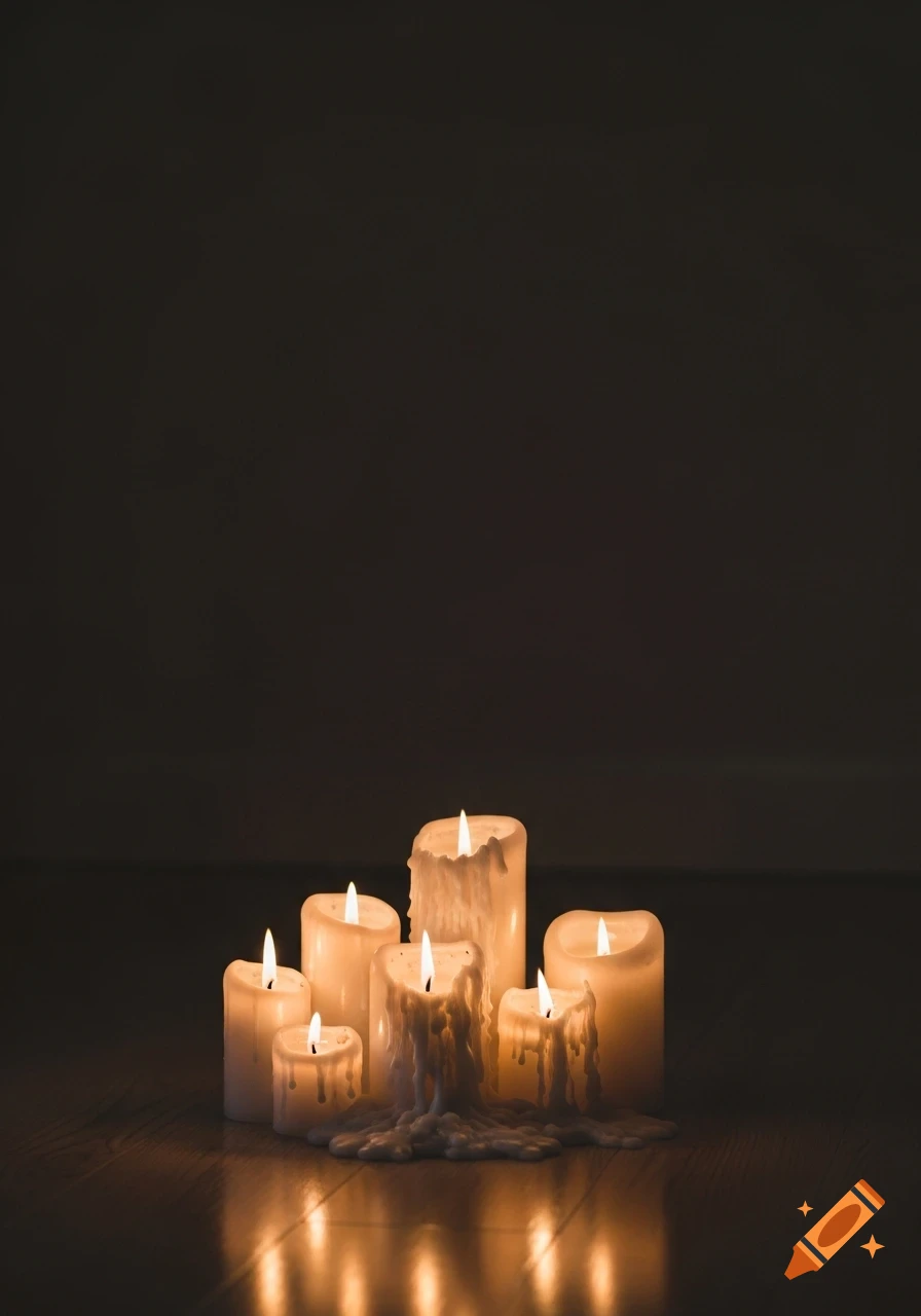 A group of lit, slightly melted candles of different sizes casting warm reflections on a dark wooden floor.