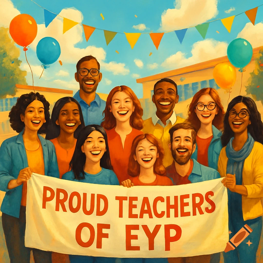 A diverse group of smiling teachers hold a banner reading 'PROUD TEACHERS OF EYP' at an outdoor celebration. Painterly style.