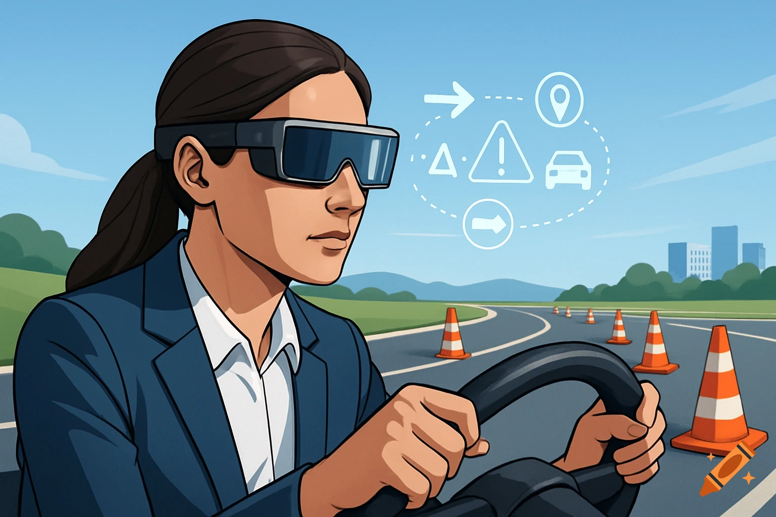 An illustrated woman in a suit and AR glasses drives on a road with traffic cones, viewing augmented reality navigation and warning symbols.