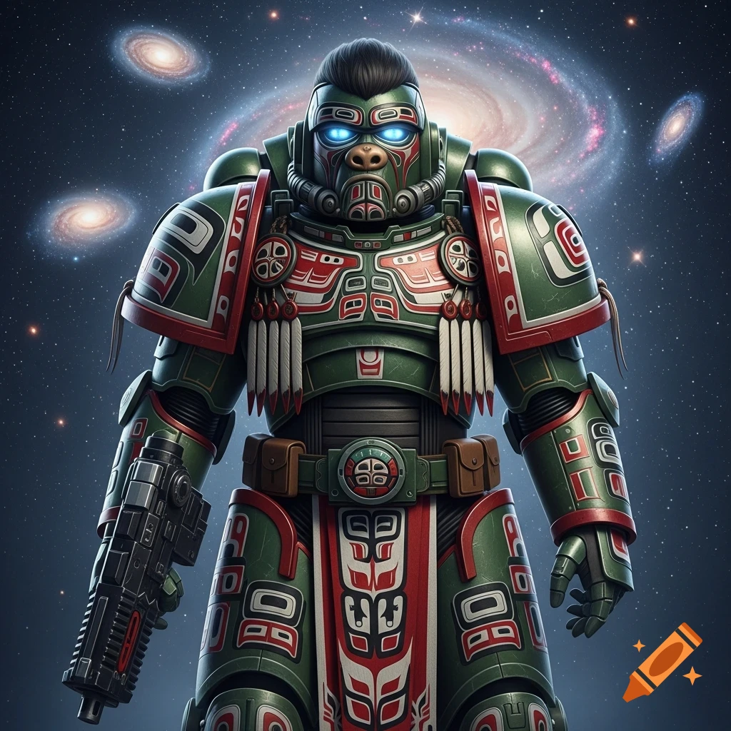 A Tlingit-inspired space marine in green, red, and white armor with glowing blue eyes and a Sasquatch-like face, standing in space among galaxies.