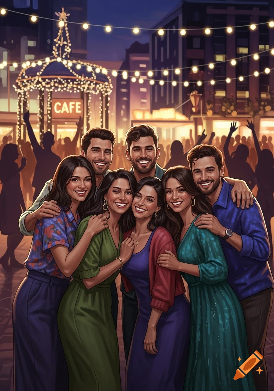 A group of diverse friends smiling and posing for a photo at a festive outdoor cafe with string lights at night.