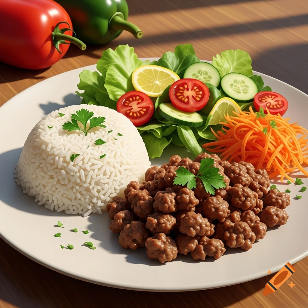 A plate of white rice, meatballs, and a fresh salad with lettuce, cucumber, tomato, and lemon slices. A red tomato and green bell pepper are in the background.