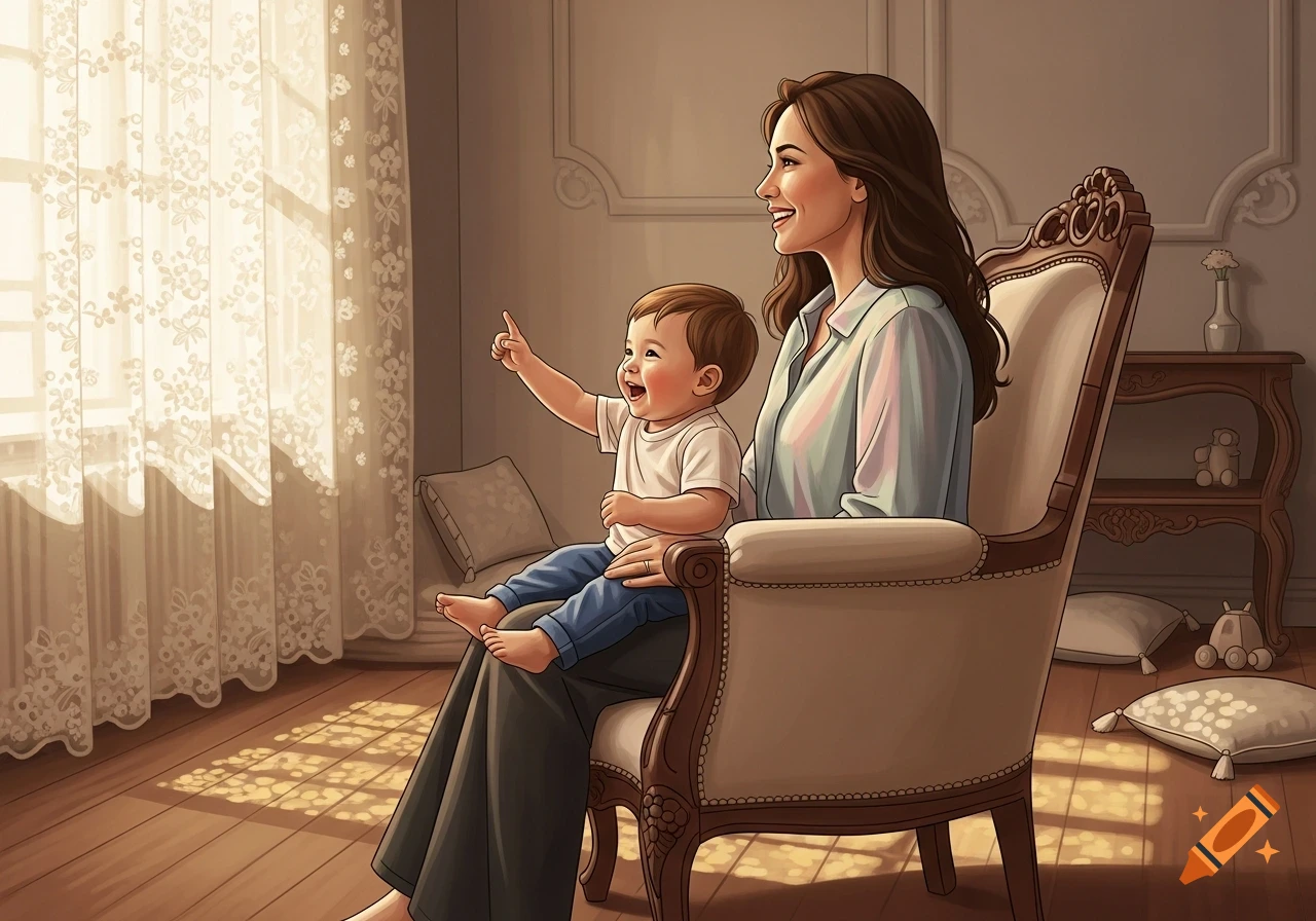 Smiling mother holding a baby who points, sitting in a sunlit armchair in an illustrated domestic scene.