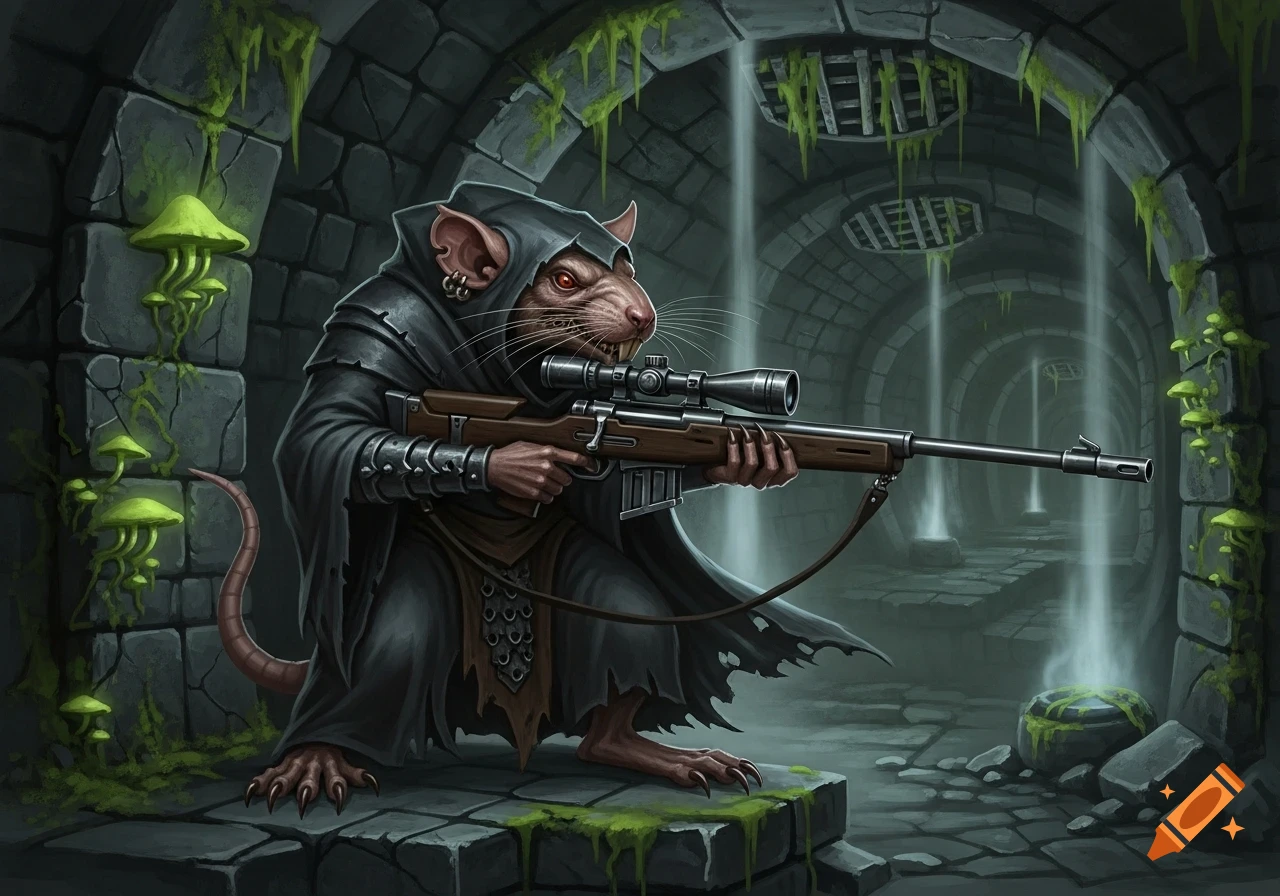 A cloaked, rat-like Skaven creature with glowing red eyes holds a sniper rifle in a mossy, dark stone sewer dungeon, depicted in a dark fantasy art style.