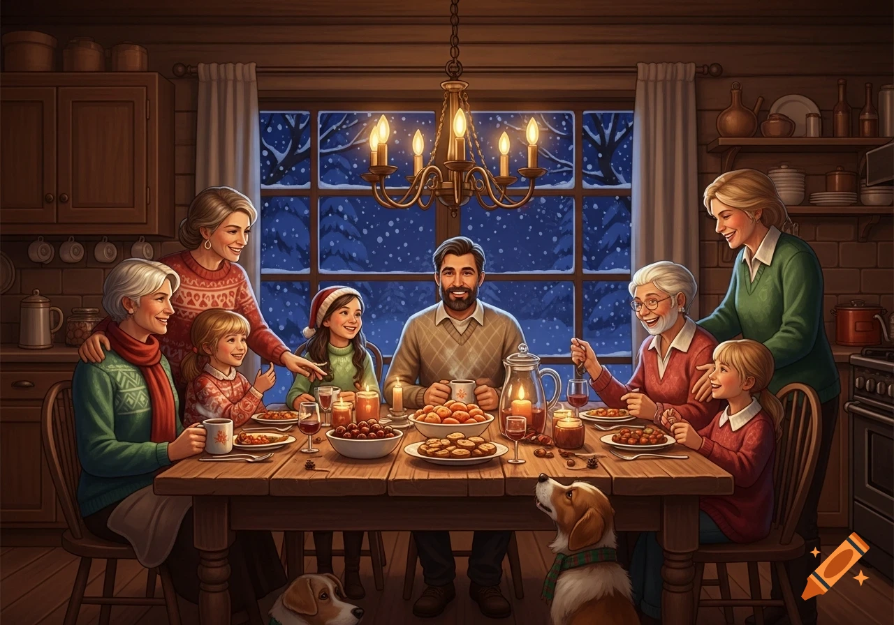 Stylized illustration: A multi-generational family and two dogs enjoy a festive dinner by candlelight in a cozy cabin during a snowy night.