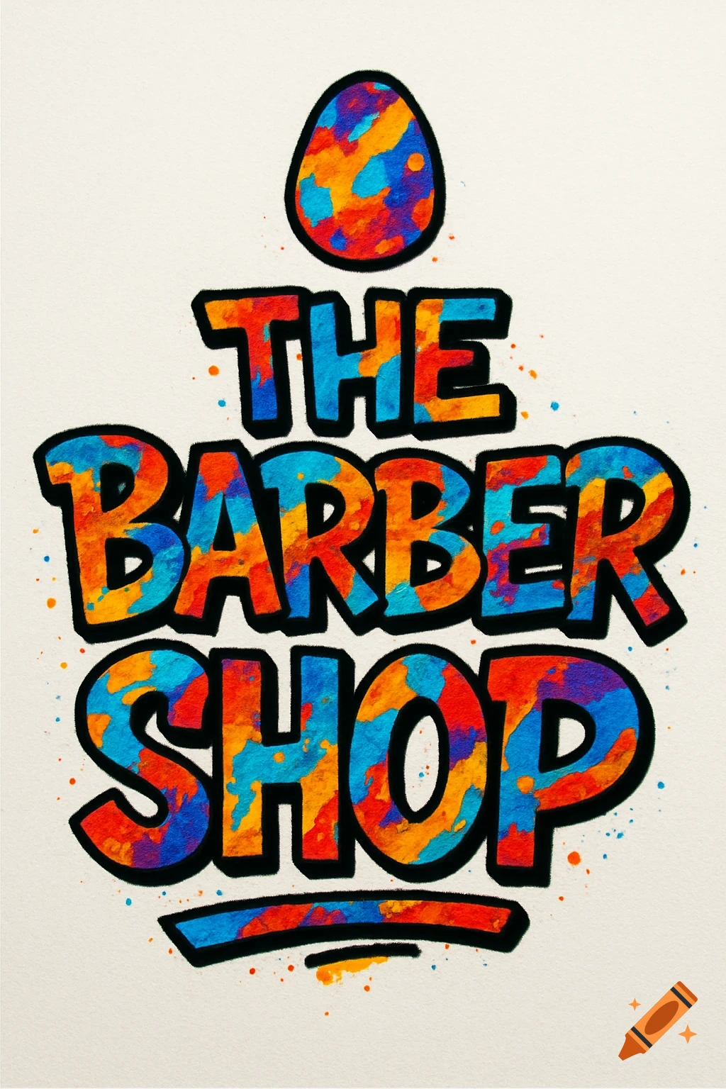 Colorful graffiti-style logo with "THE BARBER SHOP" text on three lines and an abstract egg shape above, on a white background.