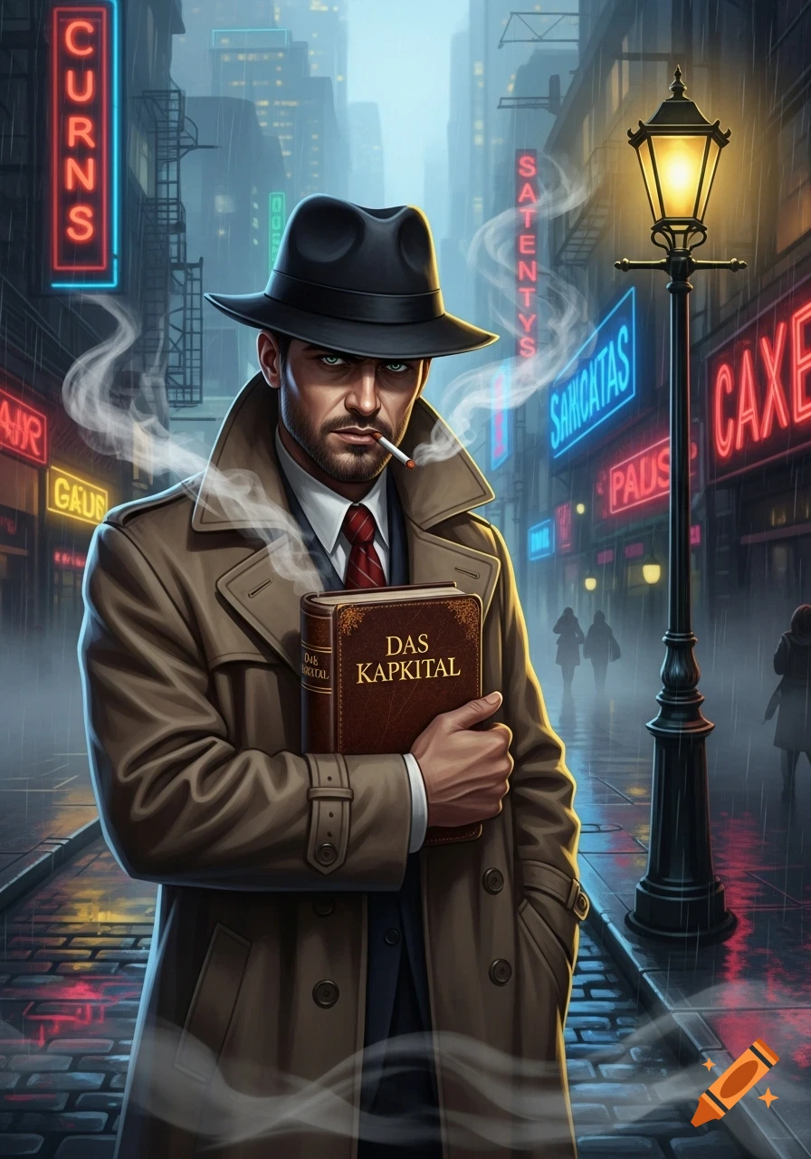 A man in a fedora and trench coat smokes a cigarette and holds a book titled 'DAS KAPITAL' on a rainy city street at night, illuminated by neon signs and a street lamp.