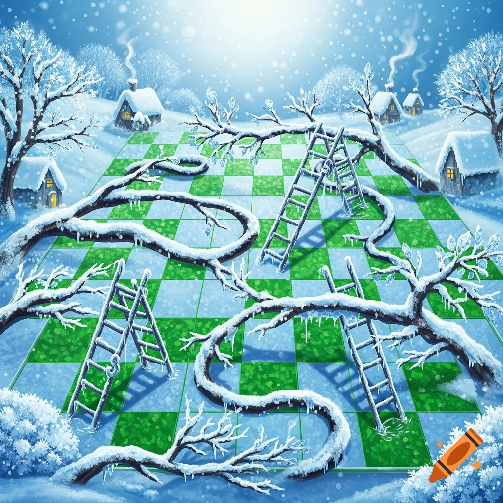 An illustrated winter scene with a game board resembling snakes and ladders, featuring snow-covered branches and ladders.