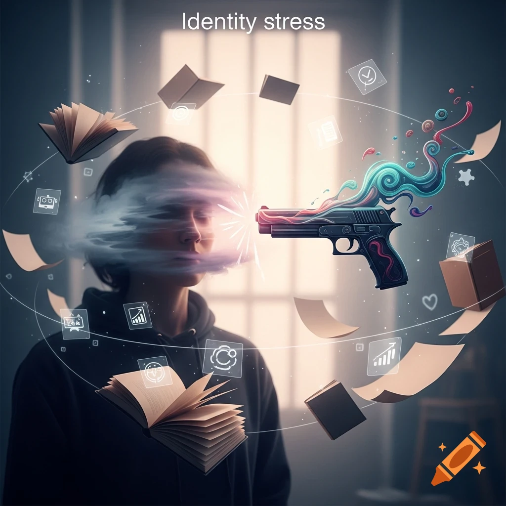 A surreal illustration depicts a person with a blurred face surrounded by floating books, papers, and icons. A colorful, stylized gun points towards their head, emitting a burst of light and colors. Text at the top reads "Identity stress".