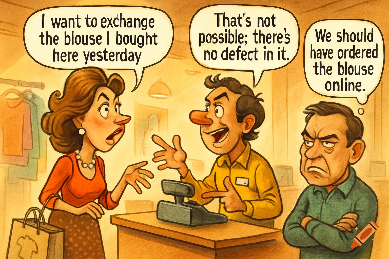 Caricature of a woman at a store checkout trying to return a blouse, a cashier refusing, and a man looking frustrated.