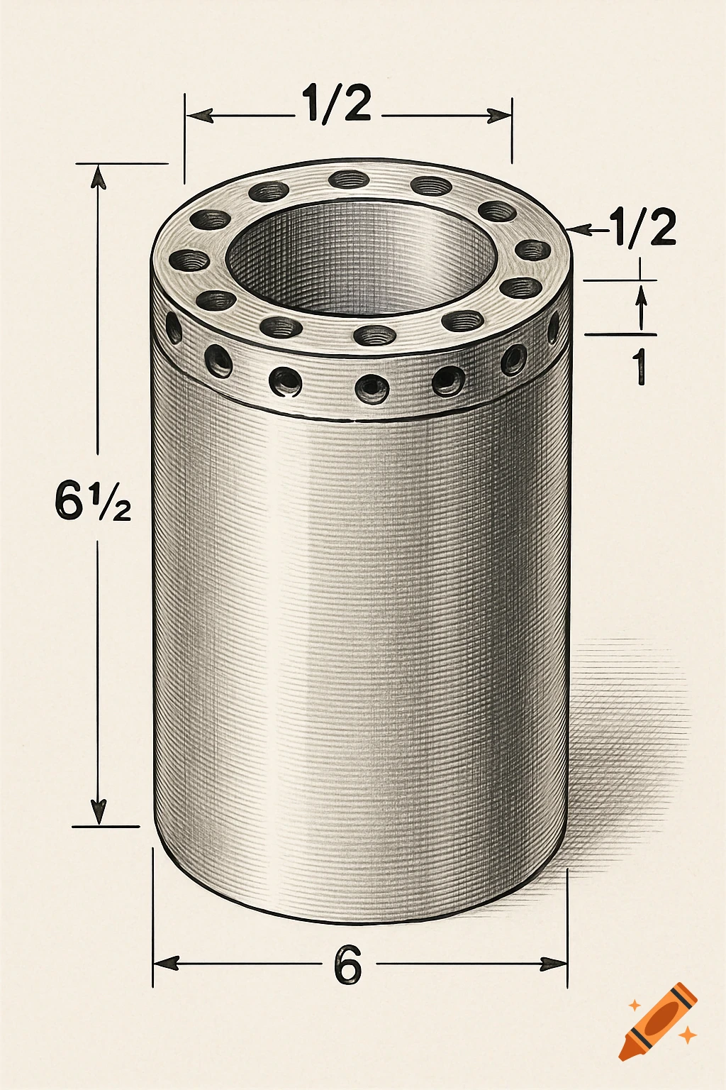 A technical drawing of a cylindrical object with marked dimensions of 6-1/2" length and 6" diameter, featuring holes around the top rim.