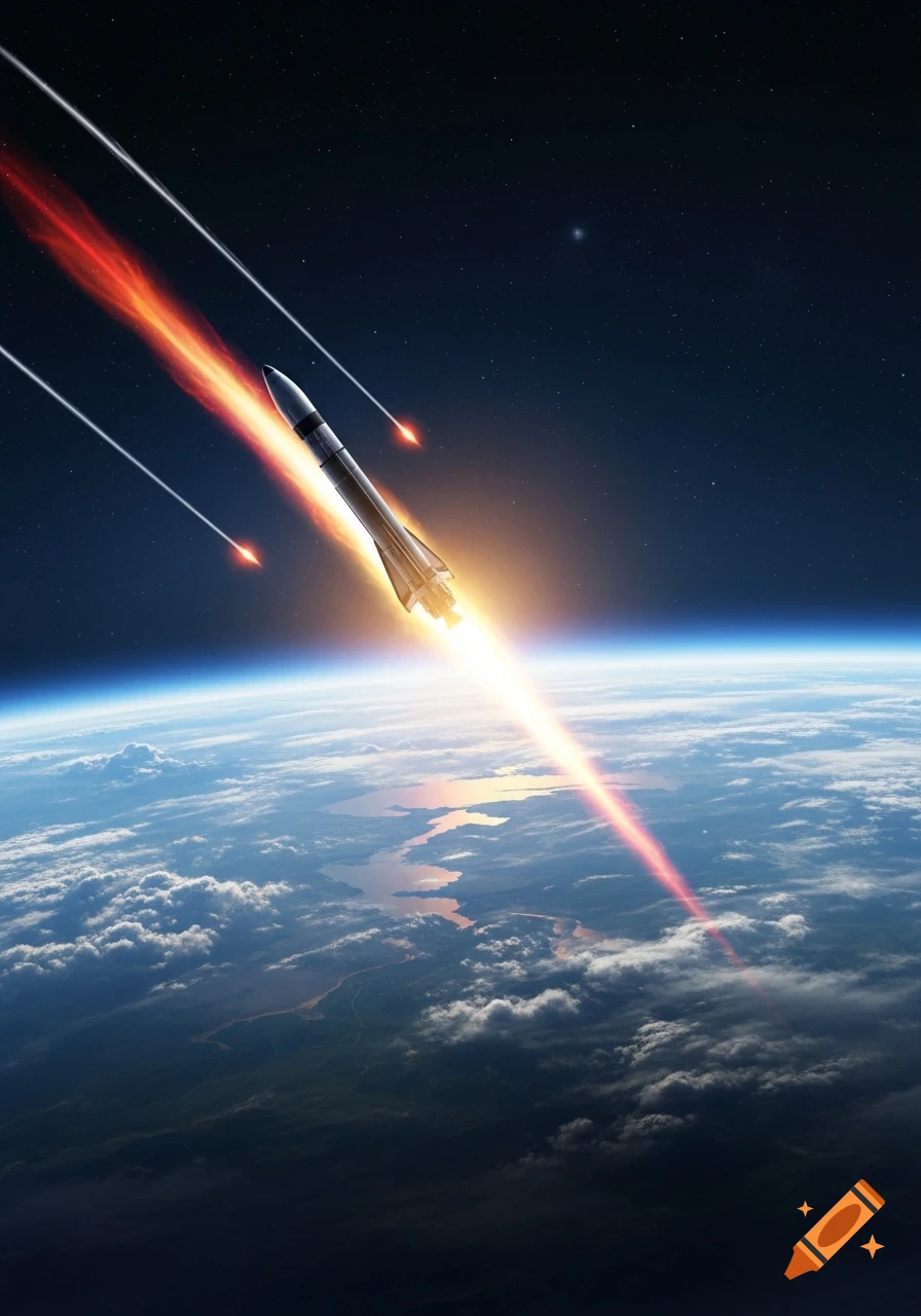 A rocket with a fiery re-entry trail descends towards a cloudy Earth with sunlit water below.