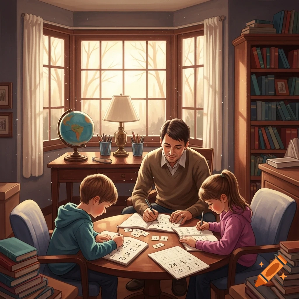 A father and two young children sit around a table by a bay window, doing math homework in a cozy, warm-toned room with bookshelves.